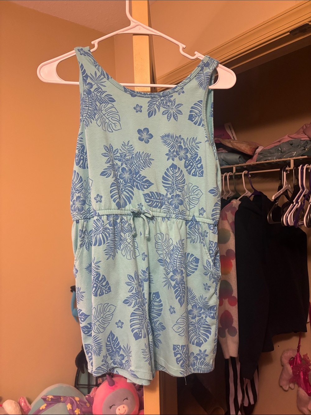 wonder nation Aqua Tropical Leaf Print One-Piece Romper size 10/12 plus in girls